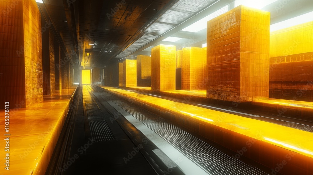 Abstract Golden Corridor with Light at the End Abstract Golden Corridor with Light at the End