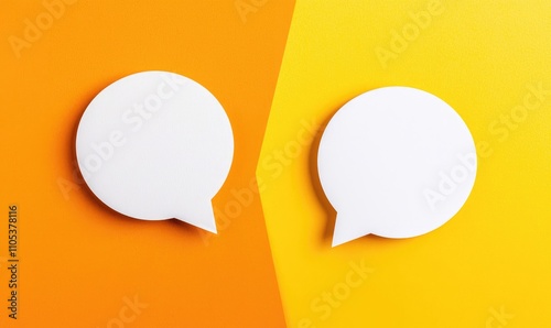 Two empty speech bubbles on a colorful background for communication or dialogue concepts.