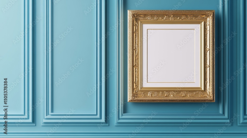 Mockup vertical white blank space in classic gold wooden square frame hanging isolated on luxury blue background behind display stanchions. Empty single vintage golden rectangular frame in museum. Mockup vertical white blank space in classic gold wooden square frame hanging isolated on luxury blue background behind display stanchions. Empty single vintage golden rectangular frame in museum.