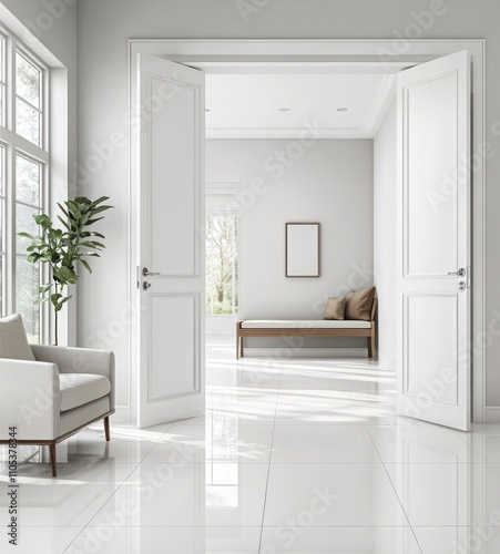 Bright, modern entryway with large windows, a bench, and soft natural light.
