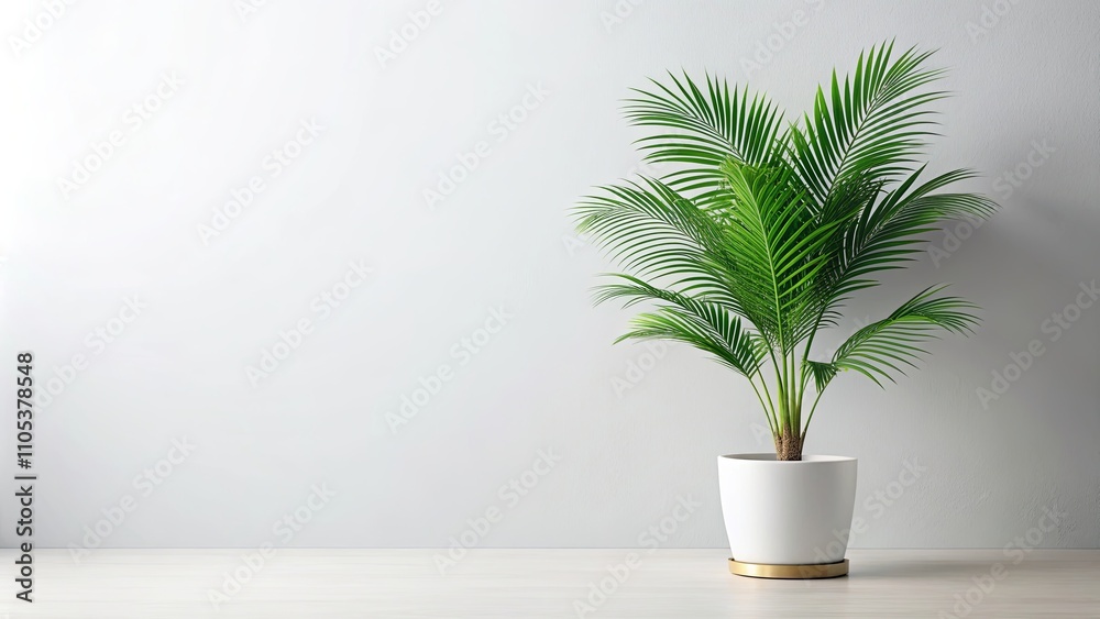 Serene Minimalist Interior Design Featuring a Lush Green Palm Plant in a White Pot Against a Neutral Wall Serene Minimalist Interior Design Featuring a Lush Green Palm Plant in a White Pot Against a Neutral Wall