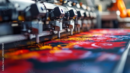 Close-up of inkjet heads printing colorful designs onto transfer film for the DTF process in a busy t-shirt printing factory