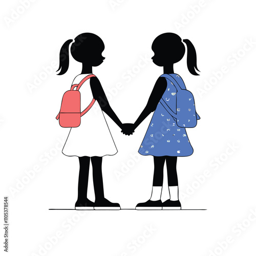 a vector silhouette of two young girls holding hands