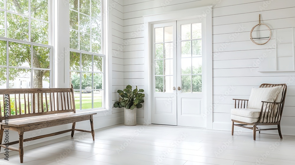 A modern entrance with white shiplap walls, a wooden bench, and natural lighting. A modern entrance with white shiplap walls, a wooden bench, and natural lighting.