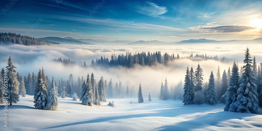 Serene Winter Sunrise Over a Fog-Shrouded Mountain Range with Snow-Covered Evergreen Trees Serene Winter Sunrise Over a Fog-Shrouded Mountain Range with Snow-Covered Evergreen Trees