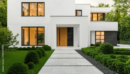 Modern villa with matte black windows, oak door, and well-maintained plants outside.