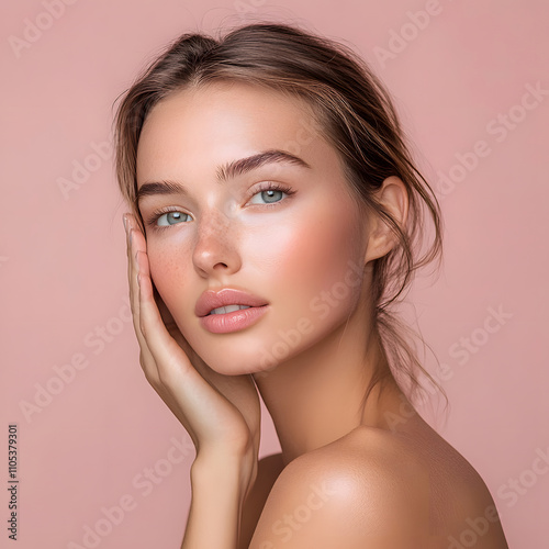 Beauty portrait of a young woman studio setting close-up photography natural light fresh skin concept for skincare