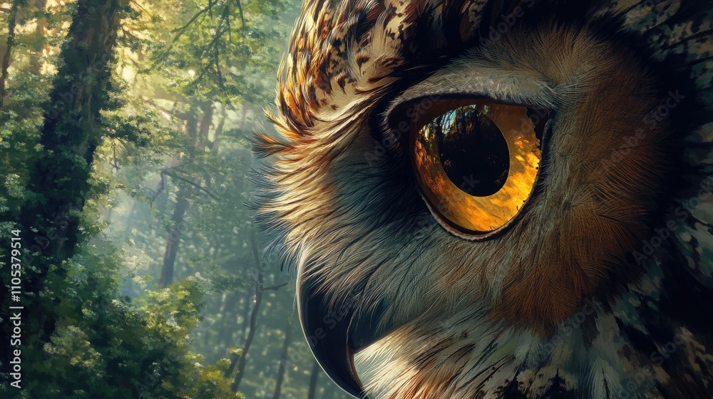 A close-up of a large owl's eye reflecting the surrounding forest, creating an artistic and detailed image. A close-up of a large owl's eye reflecting the surrounding forest, creating an artistic and detailed image.