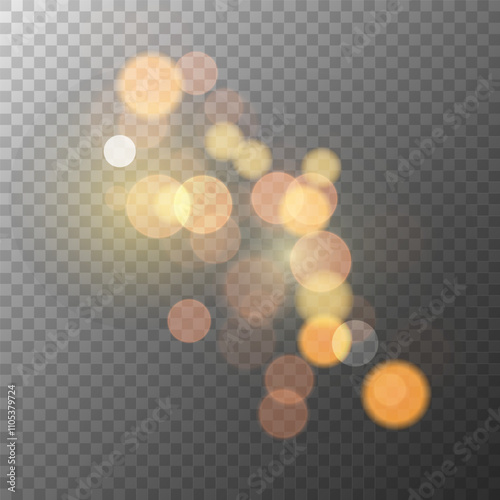 Bokeh lights. Transparent background. Blurred overlay template. Abstract blur light effect. Vector illustration.