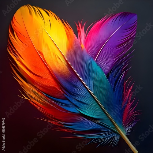 A vibrant feather displays a spectrum of colors, transitioning seamlessly from deep blues to bright reds. The background is a dark gradient that makes the vivid hues stand out prominently.