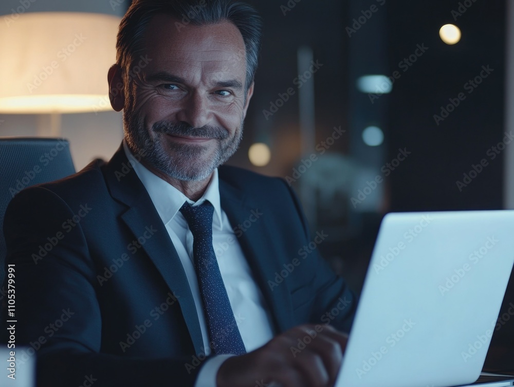 Professional Man Smiling at Camera with Laptop