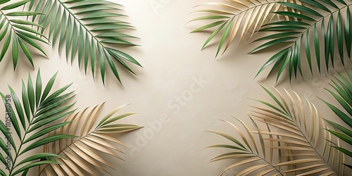 Elegant Tropical Fronds Arranged on a Beige Background, Ideal for Design Projects and Summer Themes