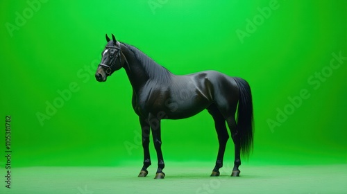 A majestic horse standing gracefully, with a green screen background ready for dynamic visuals photo