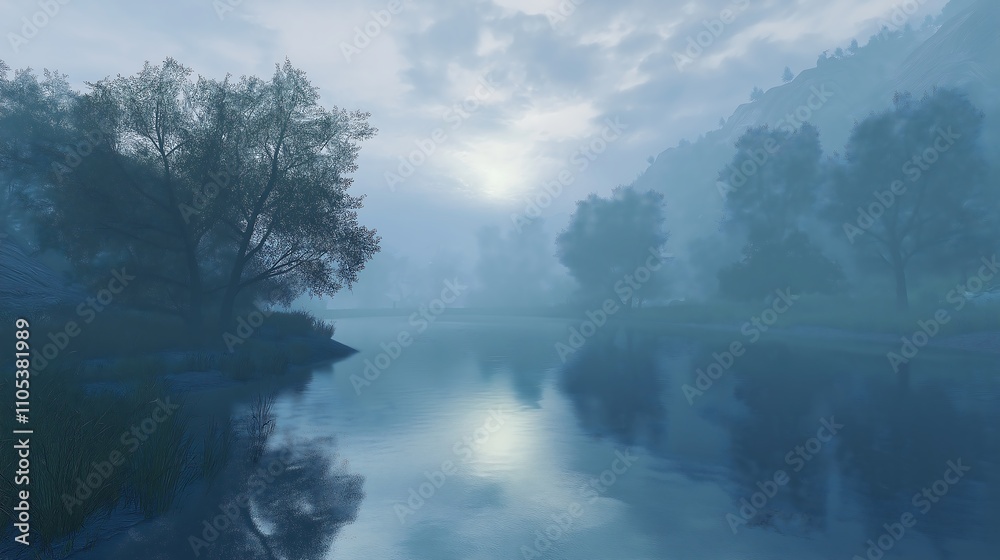 Drifting fog over a still lake at dawn, foggy weather, calm and ethereal. Drifting fog over a still lake at dawn, foggy weather, calm and ethereal.
