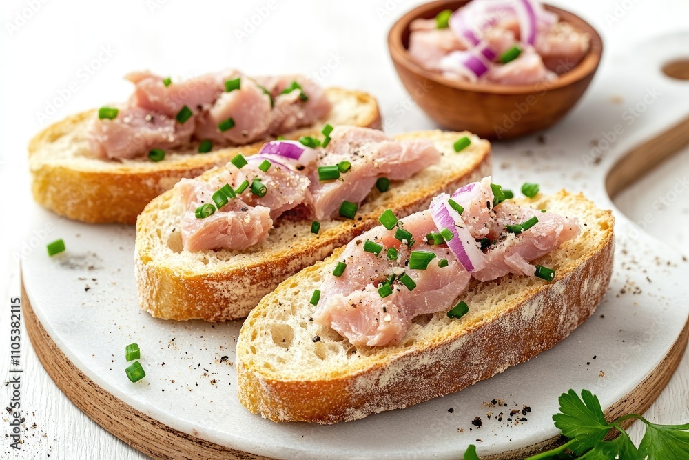 Delicious Appetizer Bruschetta Topped With Fish And Onions Delicious Appetizer Bruschetta Topped With Fish And Onions