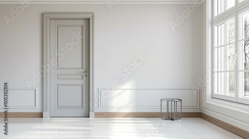 Grey door, white walls, and ceramic tiles underfoot in a light-filled room.