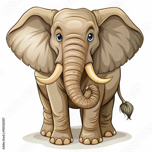 A cartoon-style adult elephant with large ivory tusks, characterized