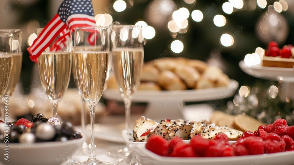 Fototapeta premium A festive table setting featuring sparkling drinks, fruit, pastries, and holiday decorations, creating a joyful celebration atmosphere.