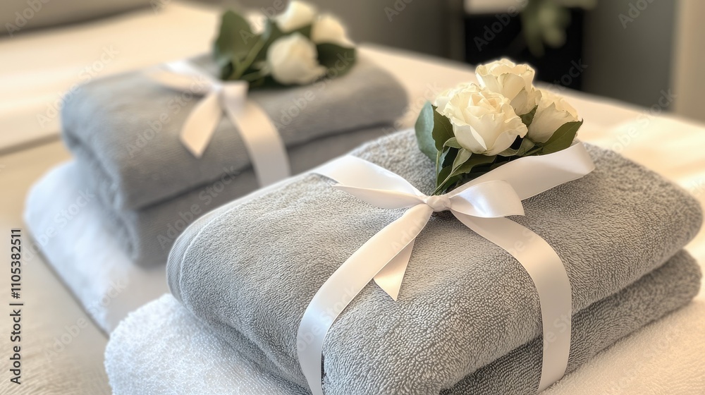 A close-up of towels tied with a ribbon, accented by small roses, on a modern bed setup. A close-up of towels tied with a ribbon, accented by small roses, on a modern bed setup.