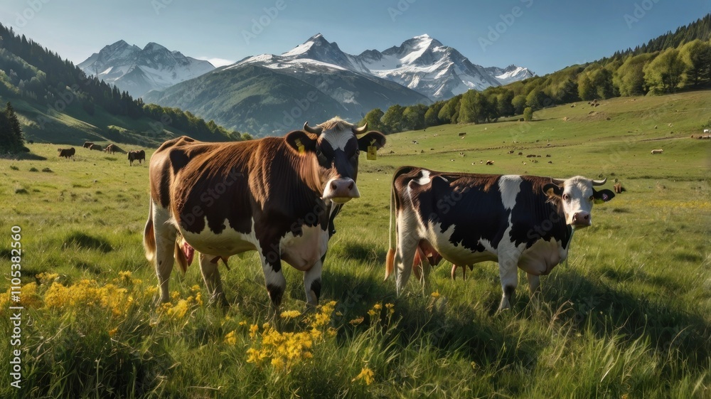 Here's a possible and keyword list for your image.. Two cows graze in a lush alpine meadow, majestic mountains in the background. Here's a possible and keyword list for your image.. Two cows graze in a lush alpine meadow, majestic mountains in the background.