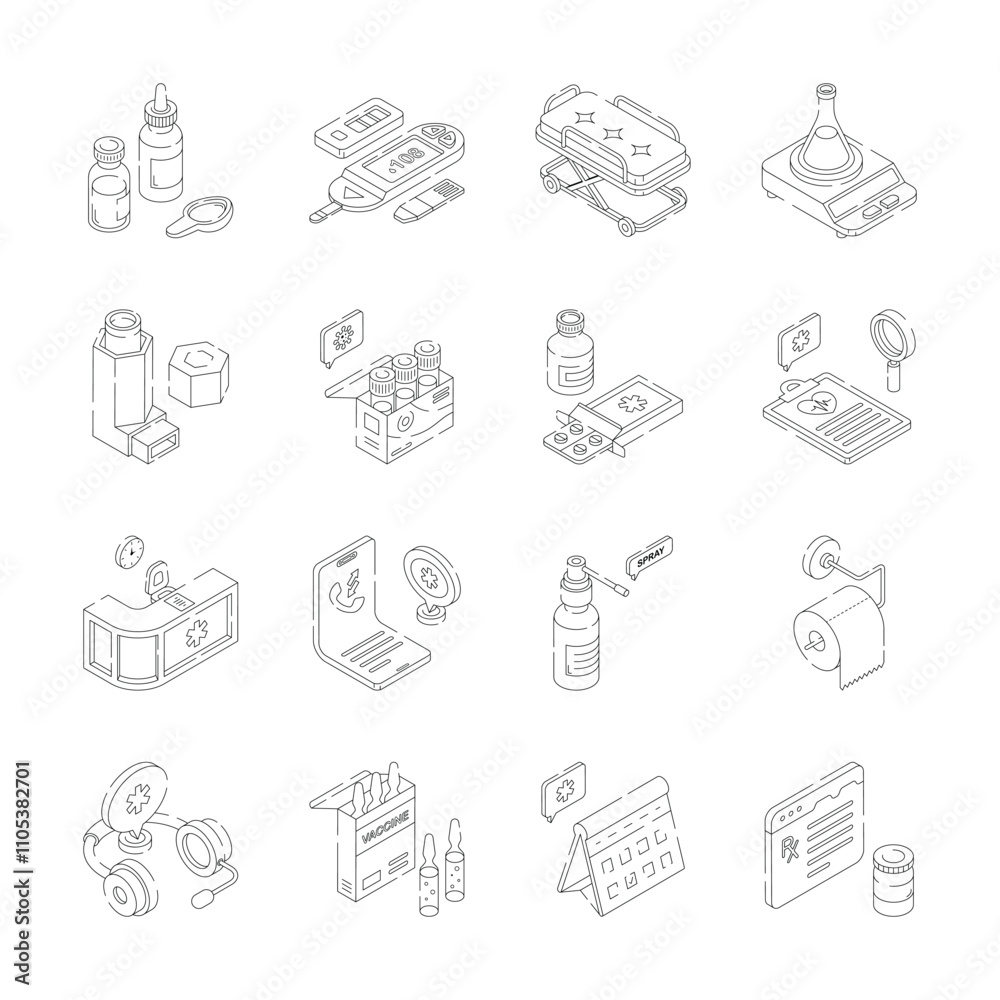 Isometric icons represent a comprehensive range of healthcare essentials, including medication, medical equipment, diagnostic tools, and support services. Isometric icons represent a comprehensive range of healthcare essentials, including medication, medical equipment, diagnostic tools, and support services.