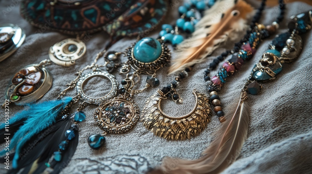 A collection of boho-inspired piercing jewelry with feather and bead accents, displayed on a textured cloth. A collection of boho-inspired piercing jewelry with feather and bead accents, displayed on a textured cloth.