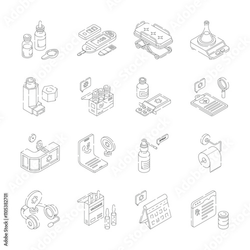 Isometric icons represent a comprehensive range of healthcare essentials, including medication, medical equipment, diagnostic tools, and support services.