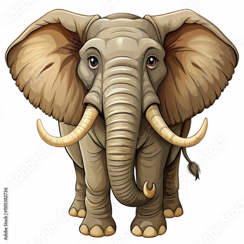 A cartoon-style adult elephant with large ivory tusks, characterized