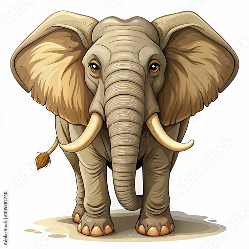 A cartoon-style adult elephant with large ivory tusks, characterized