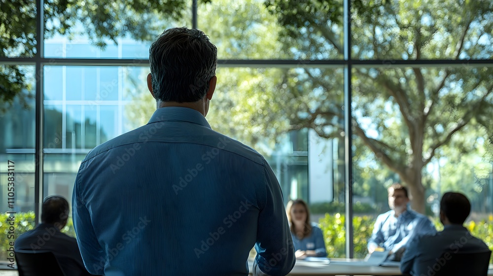 A man in a blue shirt is standing at the front of an office conference room, presenting to his team members seated around a long table with a whiteboard and black armchairs A man in a blue shirt is standing at the front of an office conference room, presenting to his team members seated around a long table with a whiteboard and black armchairs