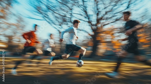 Wallpaper Mural Young man sprints across a park, soccer ball at his feet, in a blur of motion.  Autumn leaves add warmth to the scene.  Energy and speed captured. Torontodigital.ca