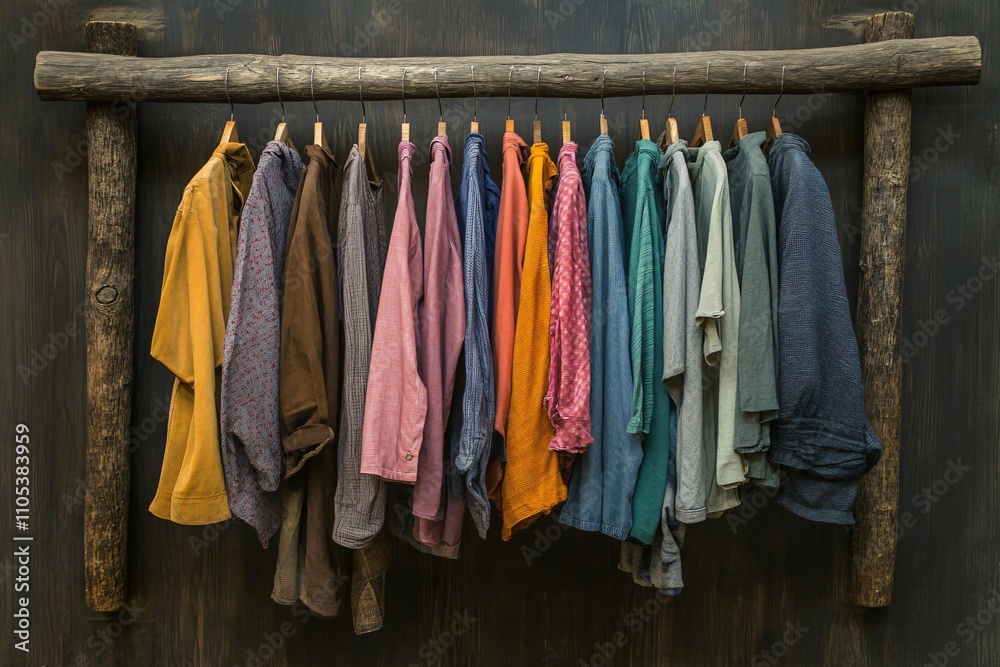 Many colorful shirts hanging from a wooden clothes rack, a fashion designer is presenting his new summer collection Many colorful shirts hanging from a wooden clothes rack, a fashion designer is presenting his new summer collection