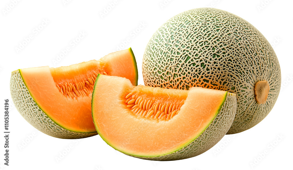 Whole Cantaloupe and Sliced Wedges with Juicy Orange Flesh, cutout, isolated on white background Whole Cantaloupe and Sliced Wedges with Juicy Orange Flesh, cutout, isolated on white background