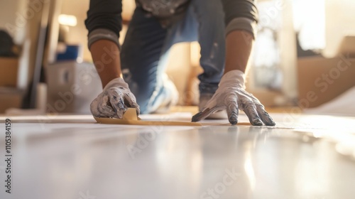 A low-angle view of someone using masking tape to mark off areas for painting, with the background softly blurred for depth.