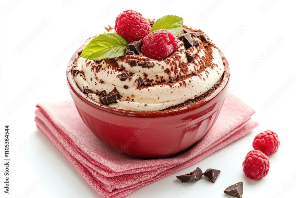 Delicious Chocolate Raspberry Dessert In Red Bowl Delicious Chocolate Raspberry Dessert In Red Bowl