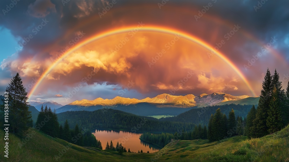 Rainbow arching across a cloudy sky after a rainstorm, colorful weather phenomenon. Rainbow arching across a cloudy sky after a rainstorm, colorful weather phenomenon.