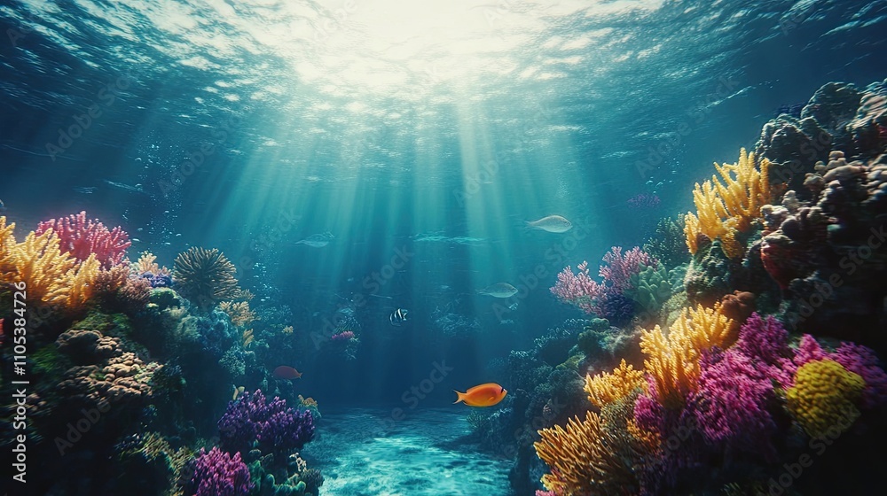 Fototapeta premium Vibrant coral reef teeming with life, bathed in sunlight filtering through the ocean's surface. A breathtaking underwater scene.