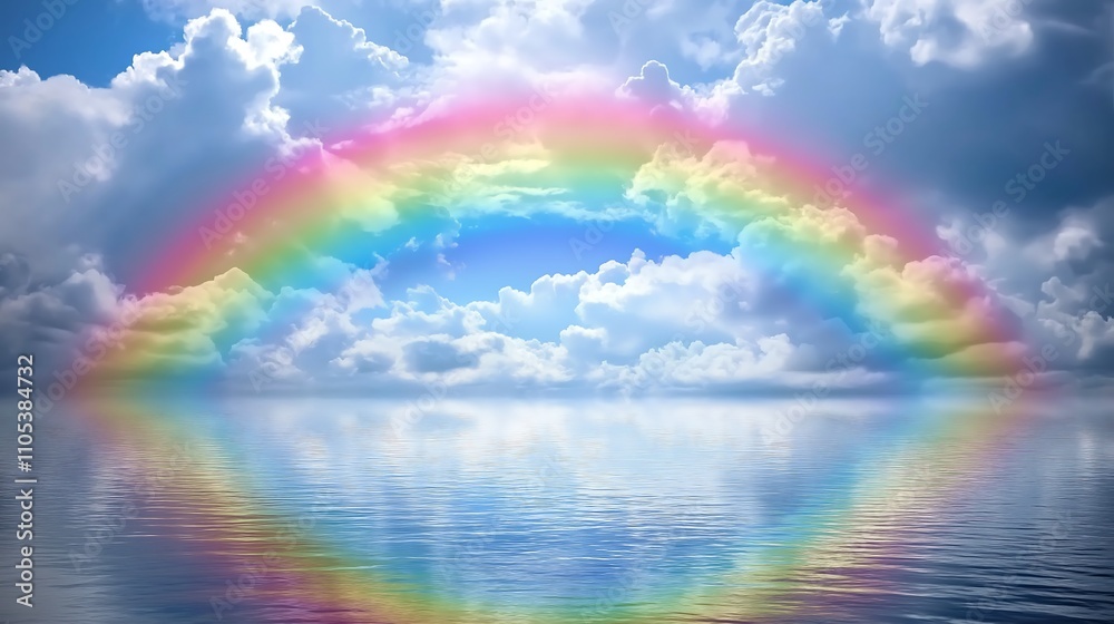 Rainbow arching across a cloudy sky after a rainstorm, colorful weather phenomenon.