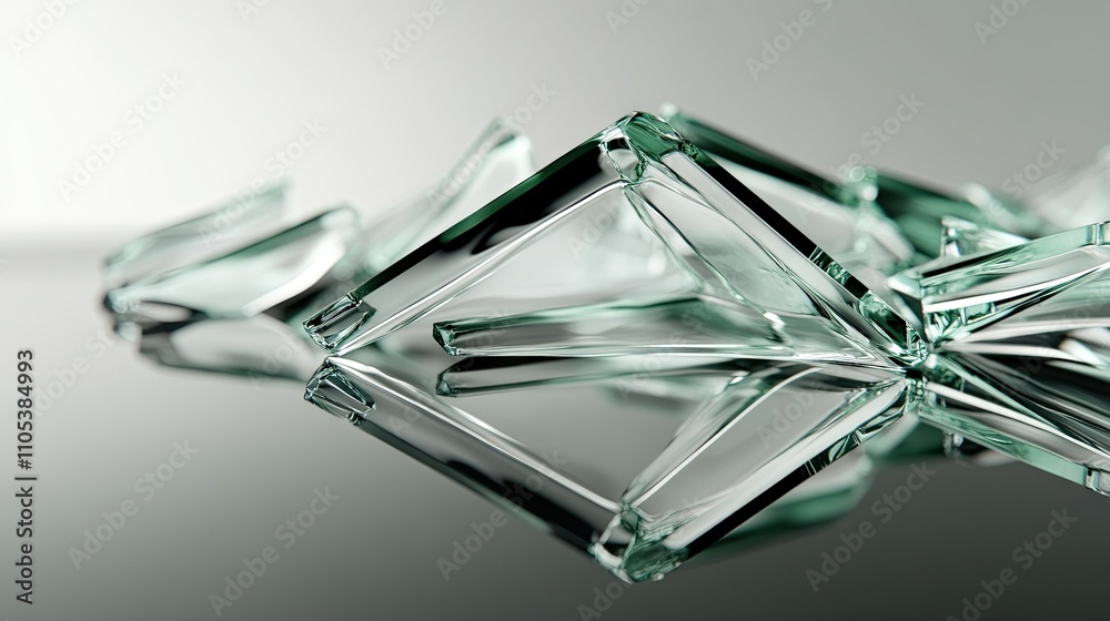 A creative macro shot of jagged glass edges lying on a smooth, reflective surface. A creative macro shot of jagged glass edges lying on a smooth, reflective surface.