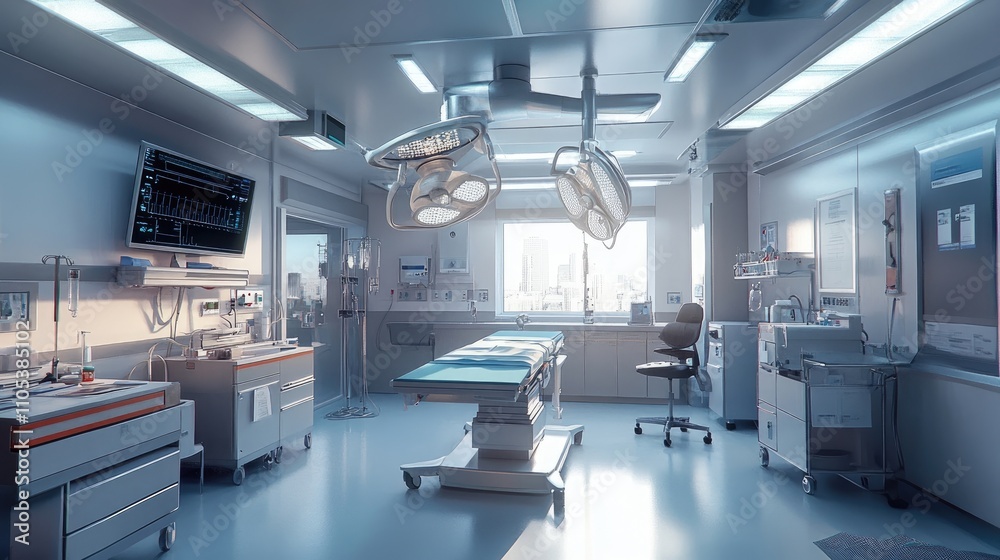 A sterile and modern operating room, bathed in soft, natural light. The room is equipped with state-of-the-art medical technology, including surgical lights and monitoring equipment. A sterile and modern operating room, bathed in soft, natural light. The room is equipped with state-of-the-art medical technology, including surgical lights and monitoring equipment.
