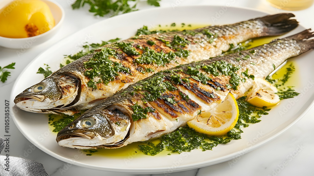 Mediterranean Grilled Sea Bass with Herb Salsa Verde, Fresh Seafood Photography Mediterranean Grilled Sea Bass with Herb Salsa Verde, Fresh Seafood Photography