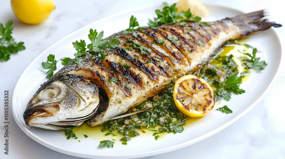 Mediterranean Grilled Sea Bass with Herb Salsa Verde, Fresh Seafood Photography Mediterranean Grilled Sea Bass with Herb Salsa Verde, Fresh Seafood Photography