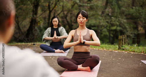 People, outdoor nature and namaste at class, meditation and support women for spiritual wellness. Forest, holistic healing and instructor for fitness in Japan, friends group and zen mindfulness