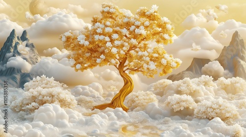 Golden tree with white flowers stands in cloud-filled landscape. Mountain peaks, fluffy clouds form serene background. 3D wallpaper design captures dreamy, artistic scene. Whimsical floral, golden
