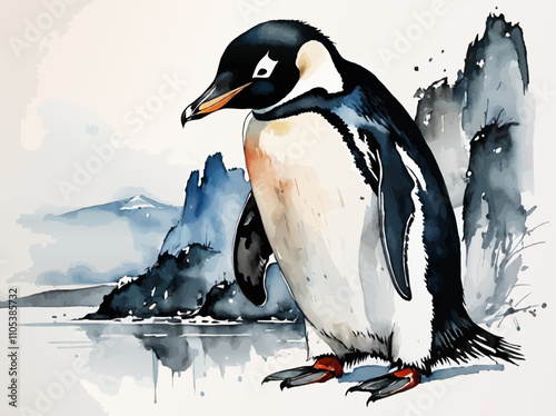 penguin, watercolor illustration