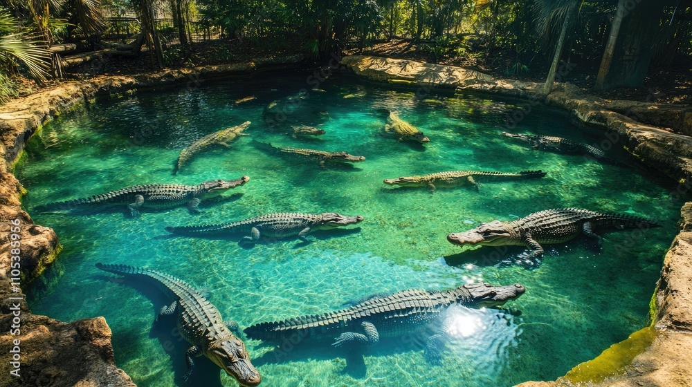 Fototapeta premium A crocodile farm's water enclosure with multiple crocodiles swimming and sunbathing along the banks.