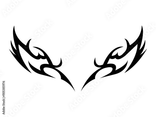 A stylized tribal tattoo design featuring a symmetrical pair of wings with sharp, flowing lines.
