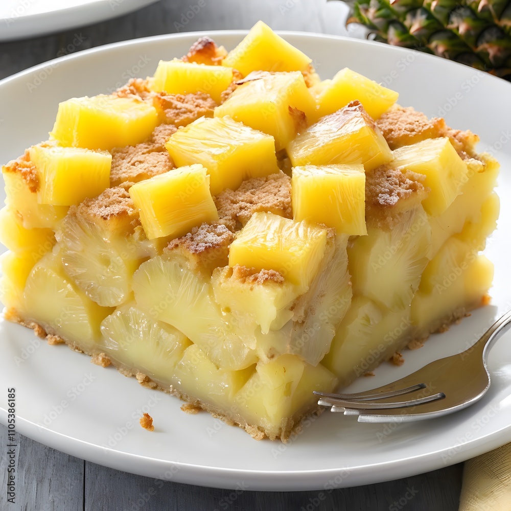 a slice of pineapple cake sits on a plate with a fork. a slice of pineapple cake sits on a plate with a fork.