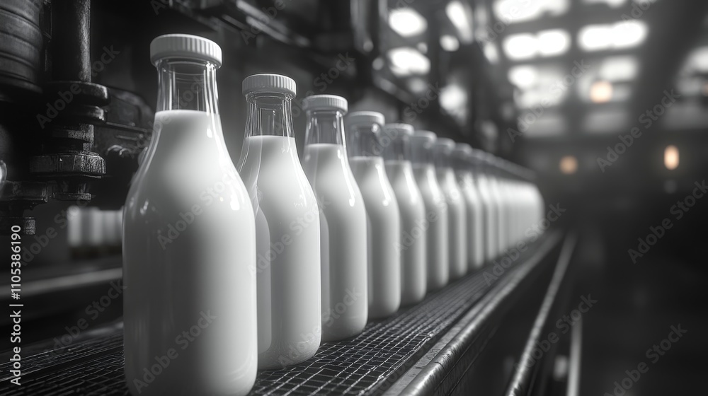 Milk Bottles on a Conveyor Belt in a Factory Milk Bottles on a Conveyor Belt in a Factory