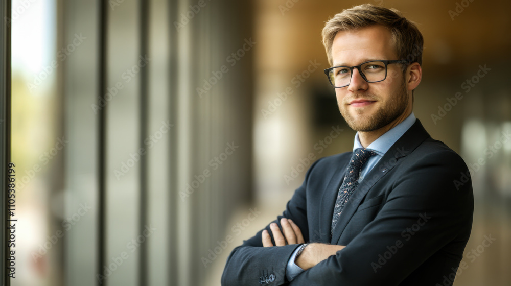 Young professional man in a suit standing confidently with arms crossed in a modern office interior during daylight Young professional man in a suit standing confidently with arms crossed in a modern office interior during daylight